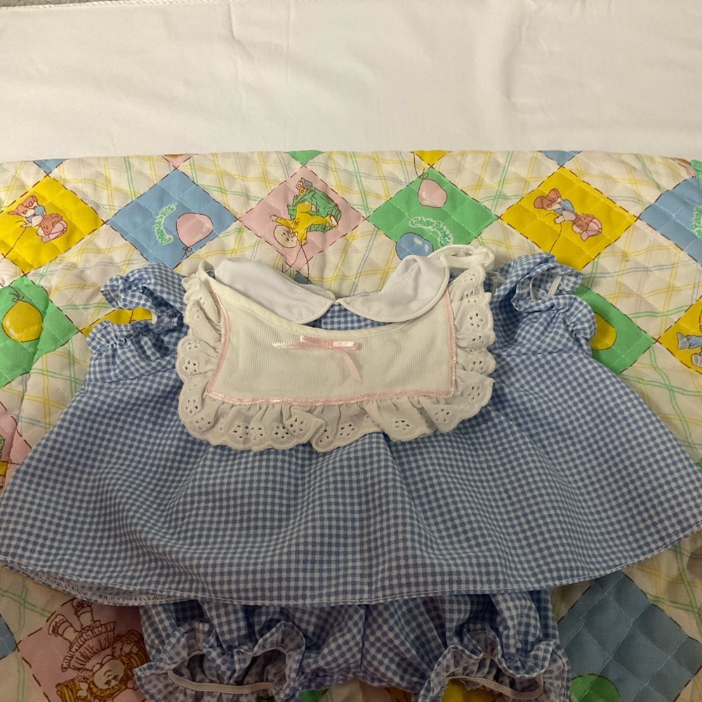 Vintage Cabbage Patch Kids Girl 15th Anniversary Blue Gingham Dress Bloomers Bib